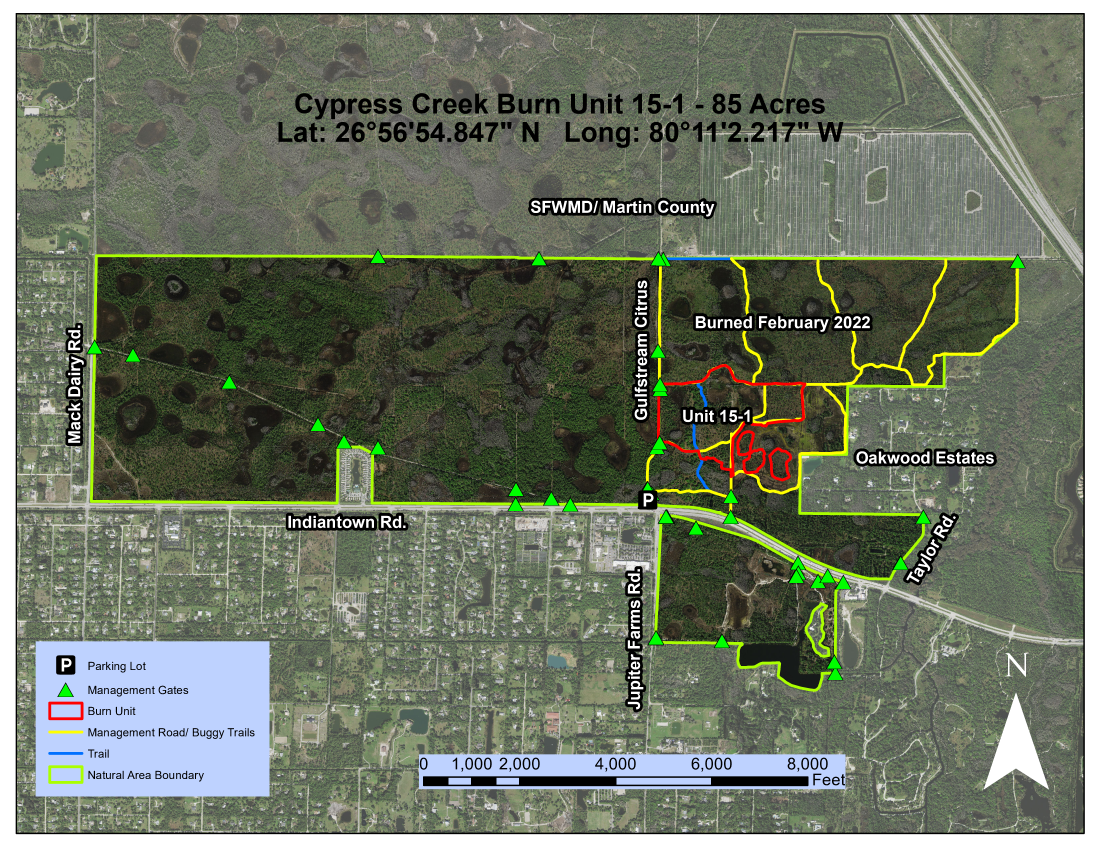Aerial Map Showing Prescribed Fire Location at Cypress Creek North Natural Area for January 19, 2023